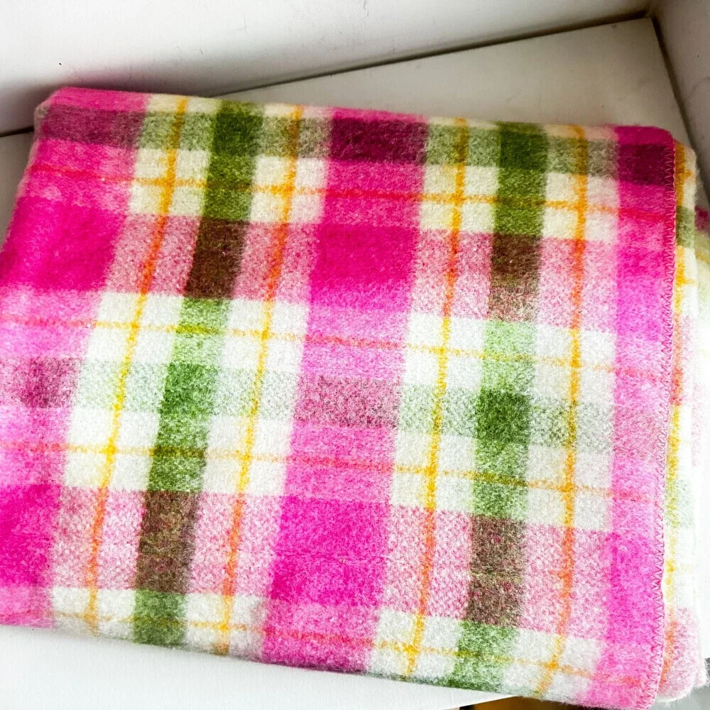 Ayers Vintage Pink Green Plaid Wool Blend Blanket